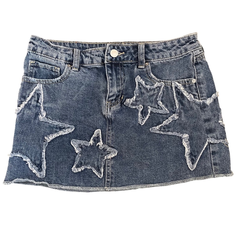Ashley Mason Blue Denim Star Patch Mini Skirt Sz 3/26 Y2K Distressed Jean Skirt